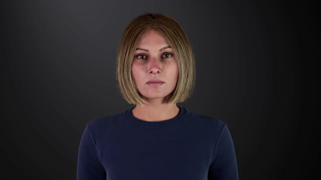 face01: Woman, late 20s to 30s, light skin, blonde chin-length bob, navy top.