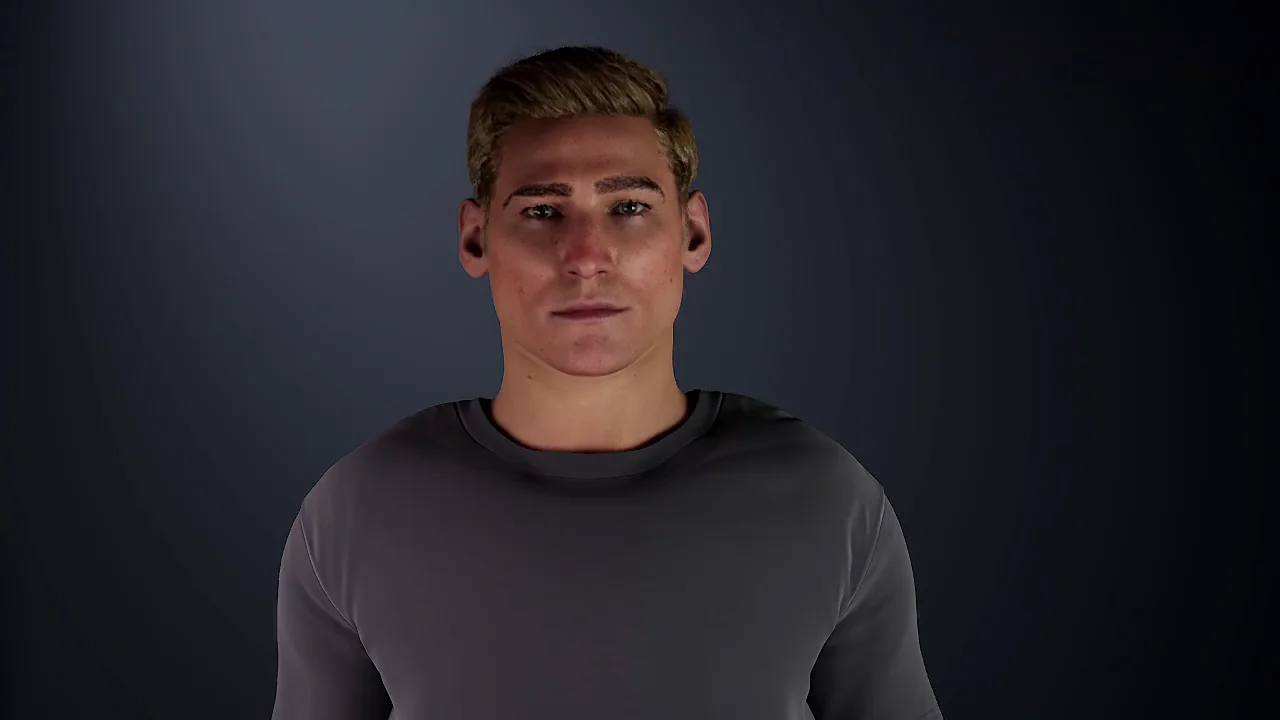 face02: Man, 30s, light skin, short swept-back blond hair, athletic build, charcoal top.