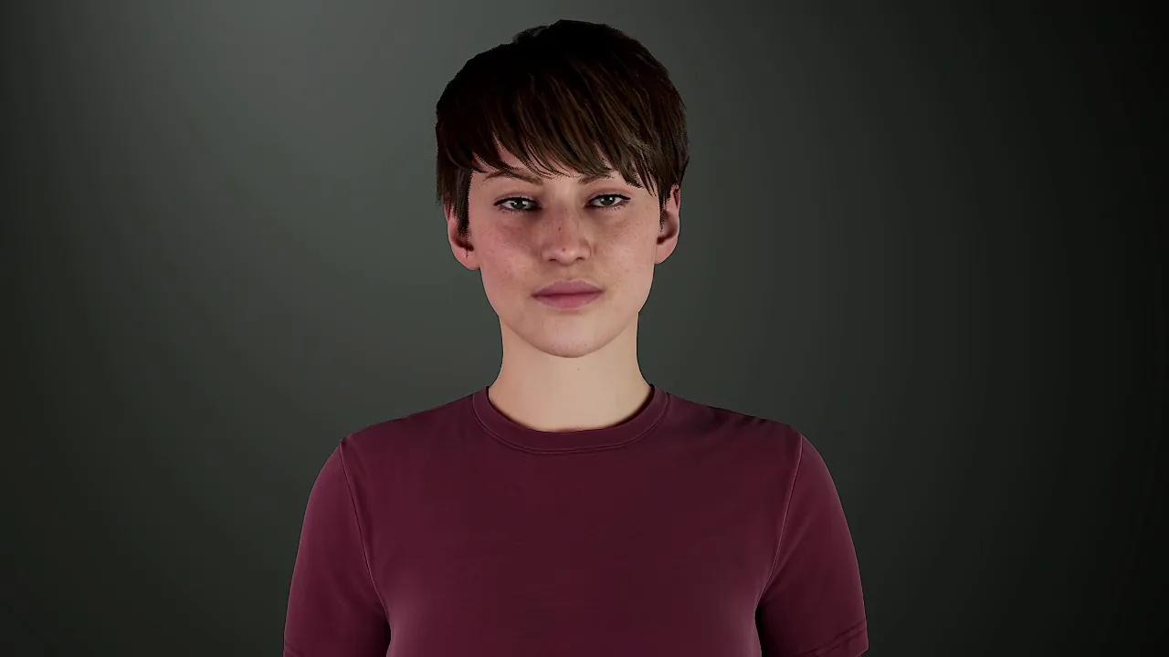 face03: Woman, 20s to 30s, light skin, short brown pixie cut, burgundy top.
