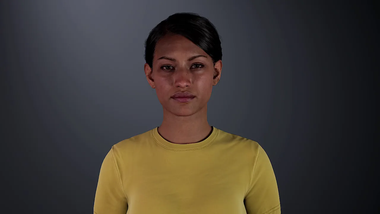 face05: Woman, 20s to 30s, medium brown skin, dark hair pulled back, mustard yellow top.