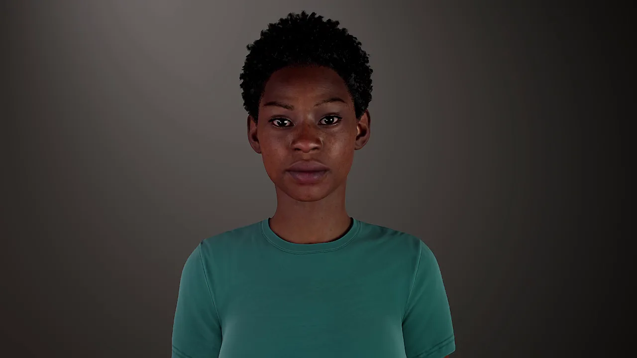 face07: Woman, 20s to 30s, dark skin, short natural curly black hair, teal top.