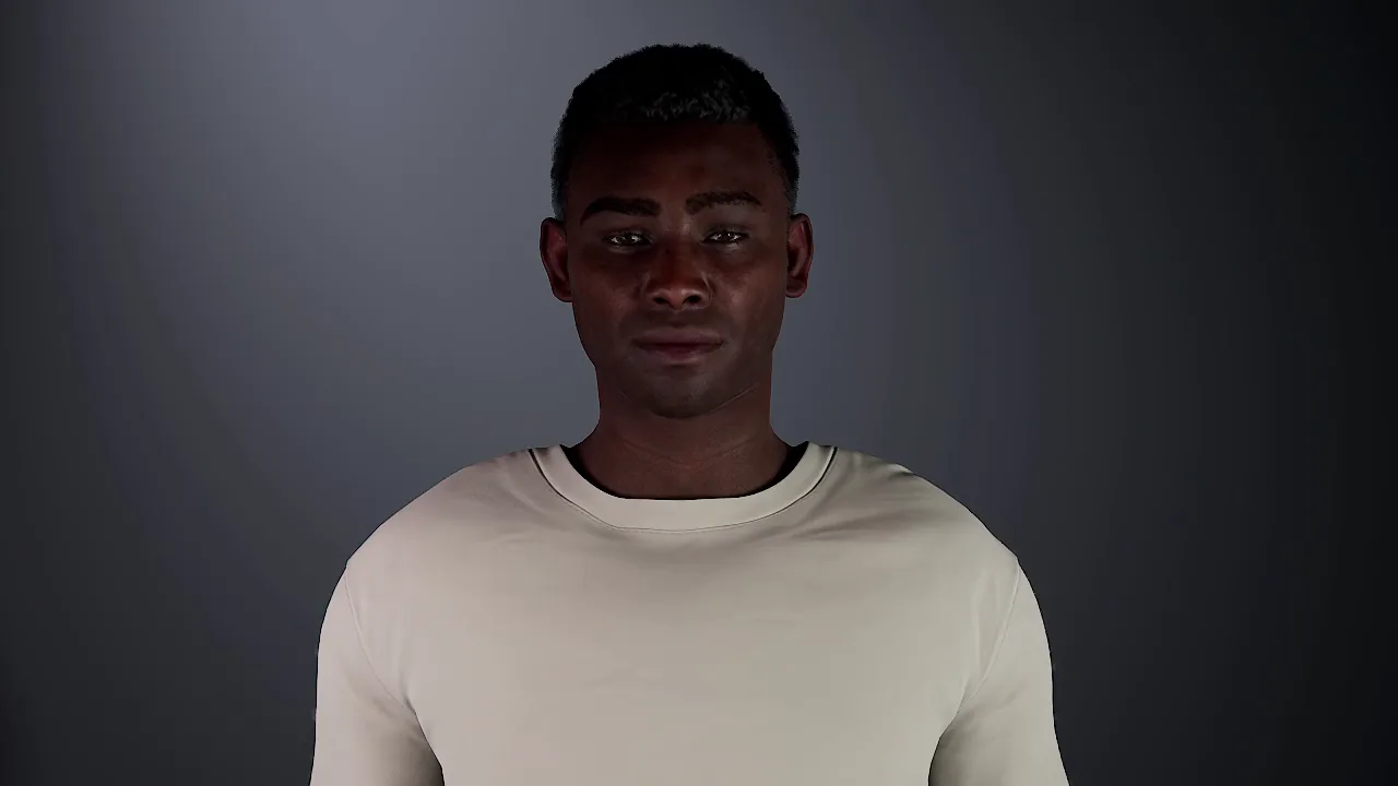 face08: Man, 30s, dark skin, short black hair, cream top.