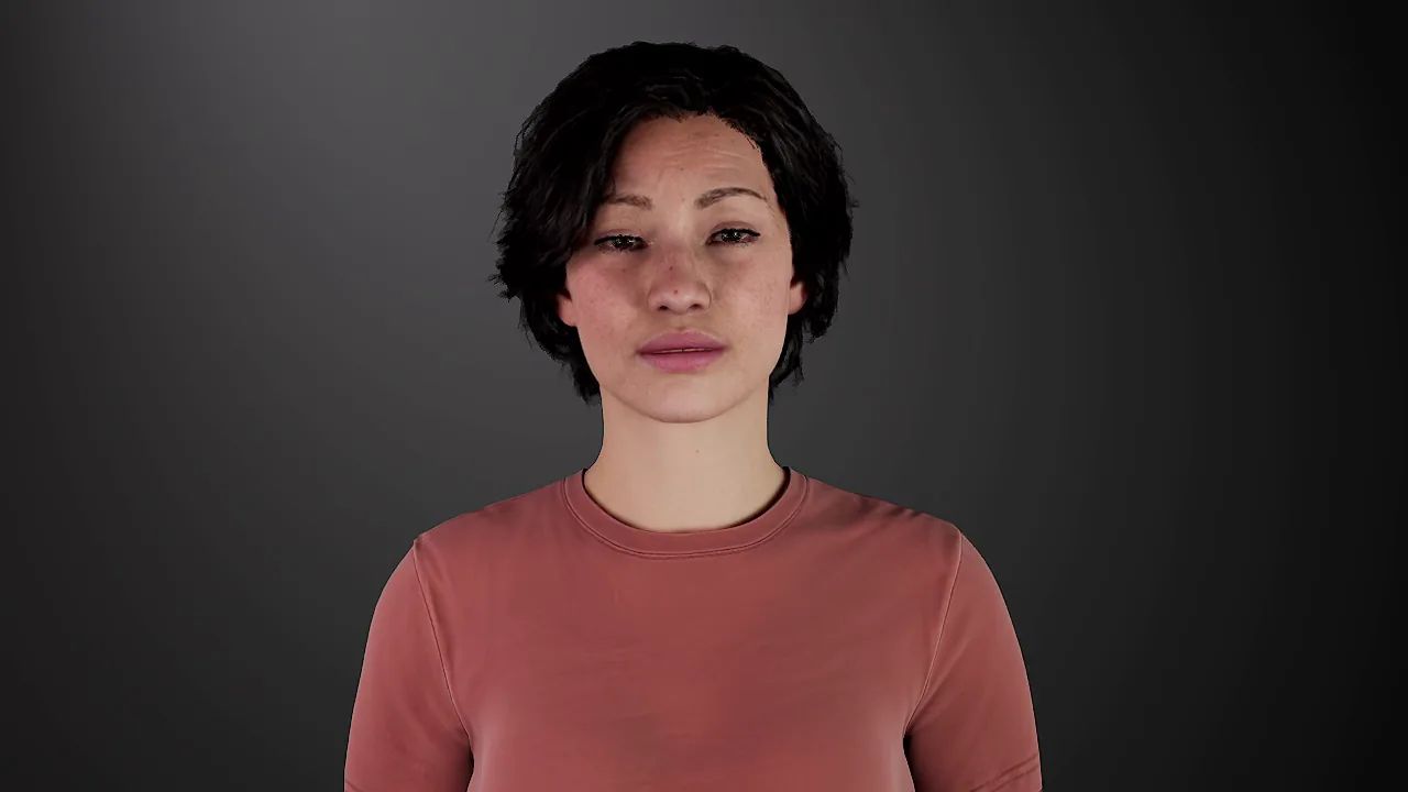 face09: Woman, 30s, light olive skin, shoulder-length dark wavy hair, coral top.