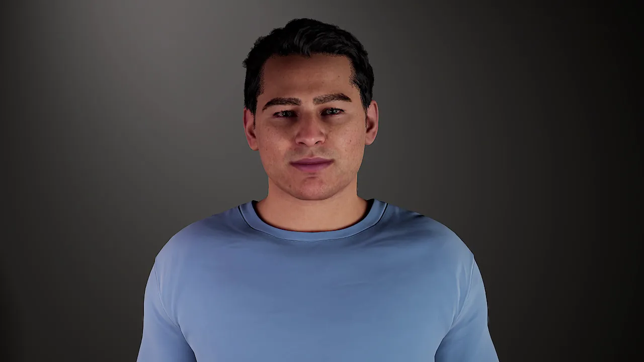 face10: Man, 20s to 30s, light tan skin, short dark hair, broad shoulders, light blue top.