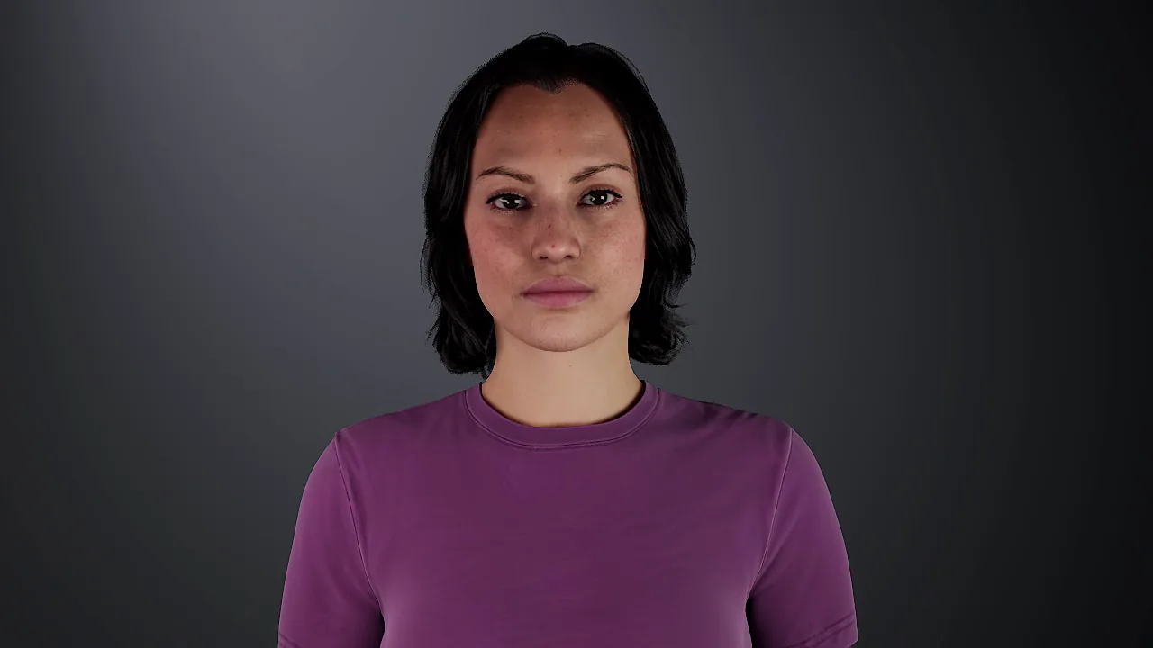 face11: Woman, 30s, light olive skin, shoulder-length straight dark hair, purple top.