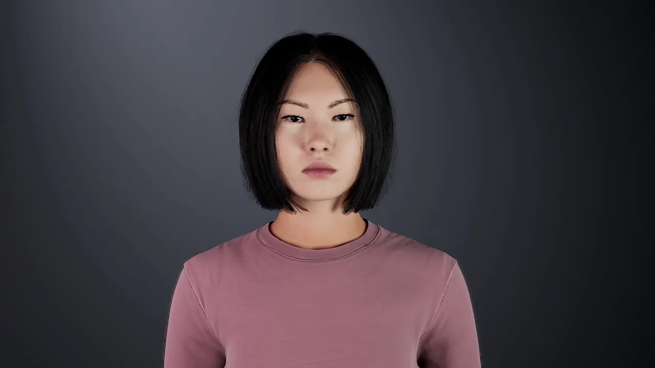 face12: Woman, 20s, light skin, straight black chin-length bob with a centre parting, dusty pink top.