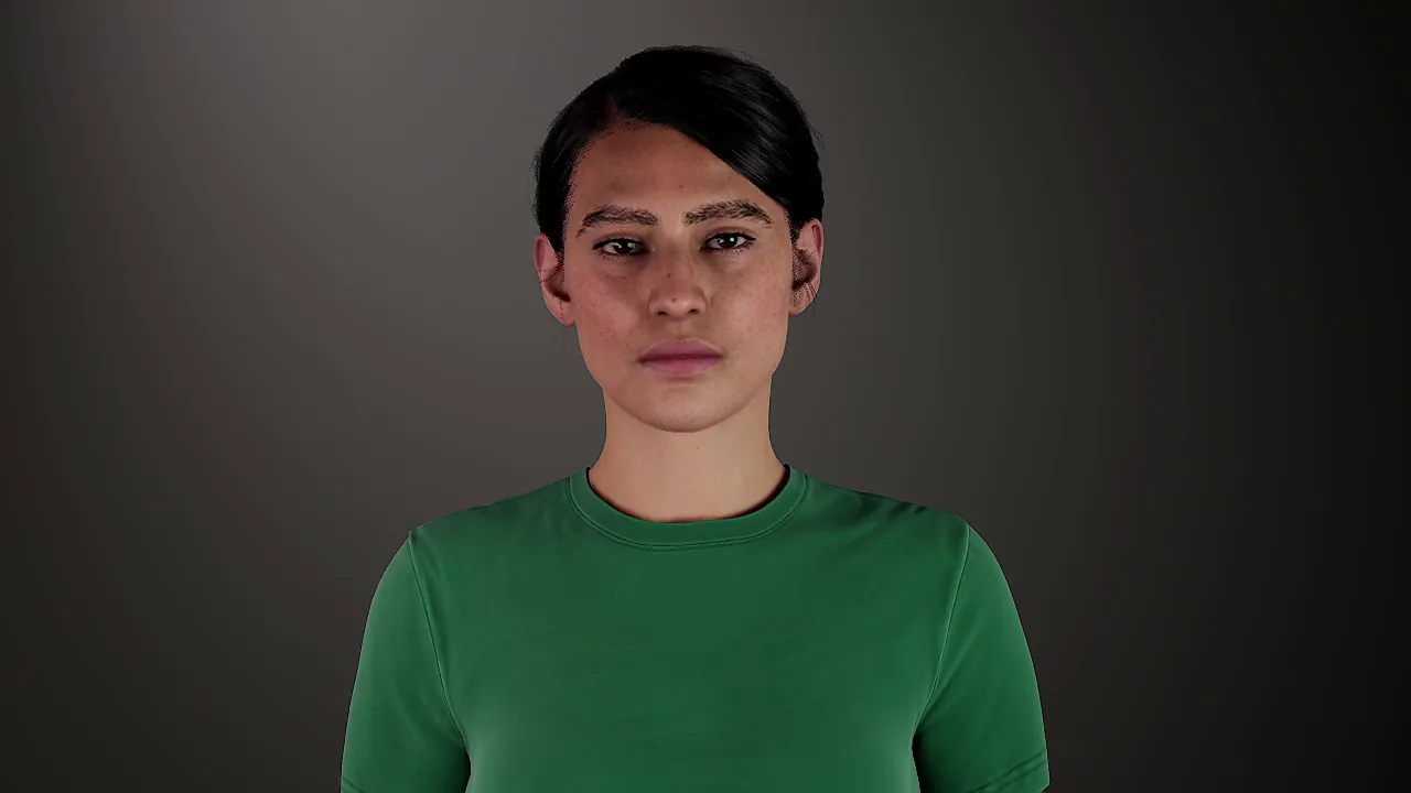 face13: Woman, 20s to 30s, light olive skin, dark hair pulled back, green top.