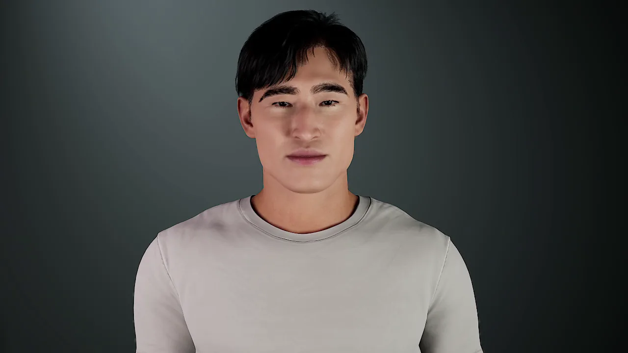 face14: Man, 20s, light skin, short black hair with a fringe, light grey top.